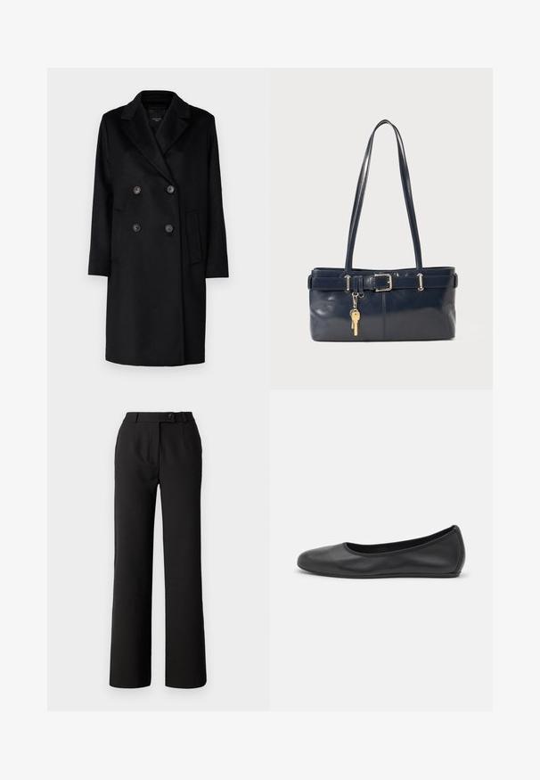 Schwarzer doppeltknöpfbarer Mantel mit scharfen Revers, zwei Knöpfen und Seitentaschen. Hergestellt aus einem strukturierten Stoff, mit gerader Passform und langen Ärmeln.; Schwarzes, geripptes Tanktop mit rundem Ausschnitt, figurbetontem Schnitt und nahtlosen Kanten. Der Stoff ist weich und dehnbar. Das Etikett trägt die Aufschrift "LAUREN."; Schwarze Hose aus glattem Stoff mit geradem Bein, Vorderfalten und einem einzelnen Knopfverschluss am Bund.; Schwarze Leder-Ballettschuhe mit abgerundeter Spitze, glatter Textur, minimalen Nähdetails und einem flexiblen Sohlen-Design.; Marineblaue Lederhandtasche mit zwei langen Griffen, einer Schnallen-Detailierung und einem daran befestigten Schlüsselanhänger. Besitzt eine glatte Textur und eine rechteckige Form.