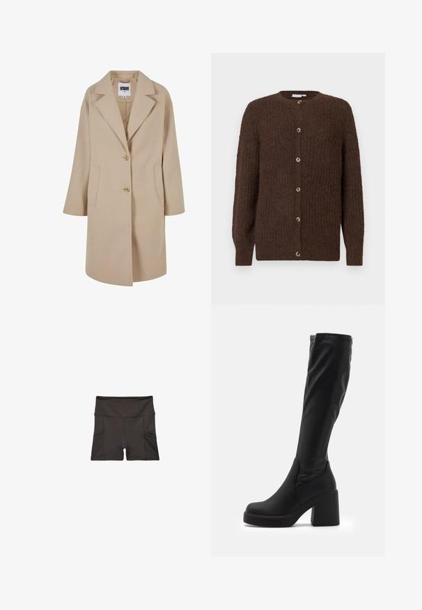 Beige wollen blend jas met een ingesneden kraag, twee knopen, zijzakken en een losse pasvorm. Beschikt over een gladde, textuurachtige afwerking.; Bruine gestructureerde gebreide cardigan met ronde halslijn en zes knopen aan de voorkant, lange mouwen en ribgebreide manchetten.; Twee lange mouwen turtleneck tops, één wit en één zwart, gemaakt van een gladde, rekbare stof, beide met een slank passend ontwerp en hoge kraag.; Zwarte sportshorts met een gladde textuur, hoge tailleband en twee zijzakken, met platte naden voor extra comfort.; Zwarte knie-hoge laarzen van glad synthetisch materiaal, met een dikke blokhak en een gestroomlijnd ontwerp met een elastische bovenrand.