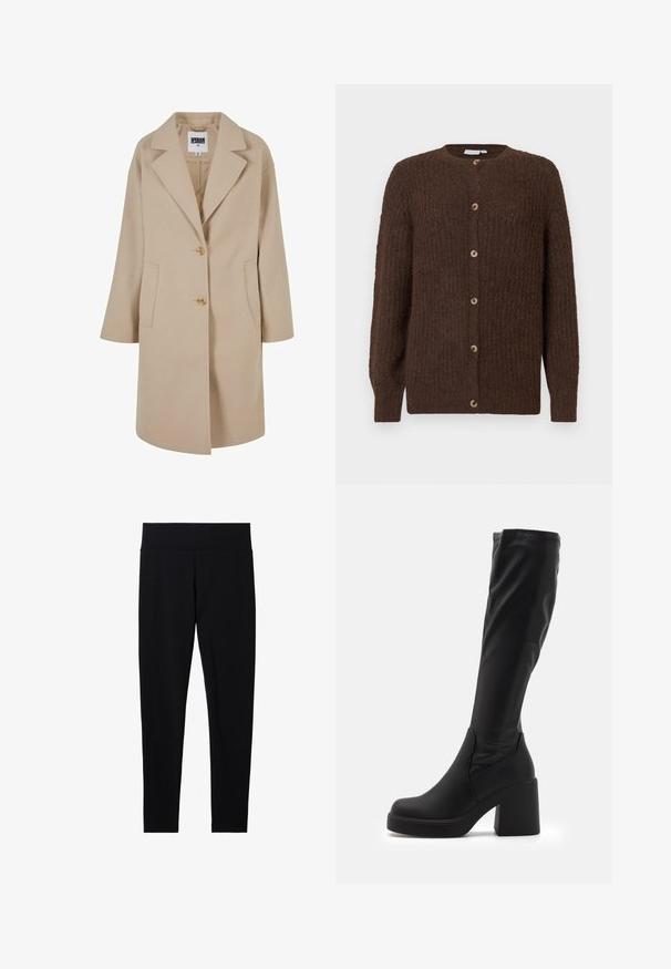 Beige uldblandingsfrakke med glat krave, to knapper, sidelommer og en løs pasform. Har en glat, struktureret overflade.; Brun struktureret strik cardigan med rund halsudskæring og seks knapper foran, lange ærmer og ribbede manchetter.; To sæt langærmede turtleneck toppe, en hvid og en sort, lavet af et glat, strækbart stof, begge med slim-fit design og høje kraver.; Sorte strækbare leggings med en bred, blød talje, der har en glat overflade og en tætsiddende silhuet, velegnet til forskellige aktiviteter.; Sorte knæhøje støvler lavet af glat syntetisk materiale, med en tyk blokhæl og strømlinet design med elastisk top.