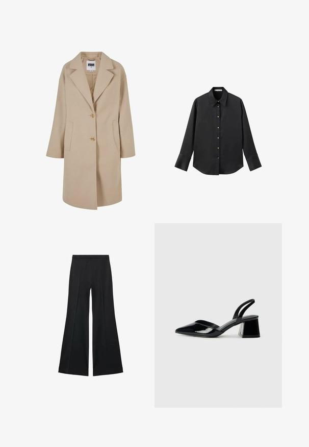 Beige Wollmischungsjacke mit Reverskragen, zwei Knöpfen, Seitentaschen und lockerer Passform. Verfügt über eine glatte, strukturierte Oberfläche.; Schwarz langärmliges Hemd aus glattem Stoff, mit klassischem Kragen, frontaler Knopfleiste mit goldfarbenen Knöpfen und breiten Manschetten.; Schwarze weit geschnittene Hose mit glatter Textur, ausgestattet mit Frontfalten und einem taillierten Design. Der Stoff ist leicht und fließend.; Schwarze Lackleder-Slingback-High Heels mit spitzem Schuh und einem geometrischen Blockabsatz. Verfügt über ein schlankes, minimalistisches Design und eine glatte Textur.