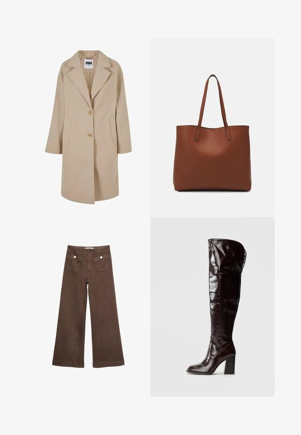 Beige uldblandingsfrakke med glat krave, to knapper, sidelommer og en løs pasform. Har en glat, struktureret overflade.; Brun sweater med en afslappet pasform, ribbet rullekrave og lange ærmer. Glat tekstur med en rund kant og ingen synlige mønstre eller accenter.; Brune bredbenede bukser lavet af bomuld, med to forlommer med sølvknapper og en glat tekstur.; Knæhøje, blanke bordeauxrøde læderstøvler med firkantet tå og blokhæl, der har et løstsiddende design og minimale syningsdetaljer.; Brun læder tote taske med en glat overflade, åben topdesign og to skulderremme. Har minimal syning og ingen synlig hardware.