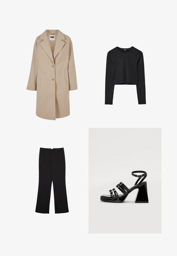 Beige kabát z vlněné směsi s klopový límcem, dvěma knoflíky, bočními kapsami a volným střihem. K dispozici s hladkým, texturovaným povrchem.; Černý dlouhý rukáv cropped top s kulatým výstřihem, jednoduchý design a mírně zaoblený lem.; Černé kalhoty s rovným střihem, s předními kapsami a bočními rozparky na lemu. Vyrobené z jemné, hladké tkaniny. Vhodné na různé příležitosti.; Černé lakované kožené sandály na podpatku se čtveratou špičkou, vícero popruhovým designem, nastavitelným kotníkovým páskem a robustním geometrickým podpatkem.