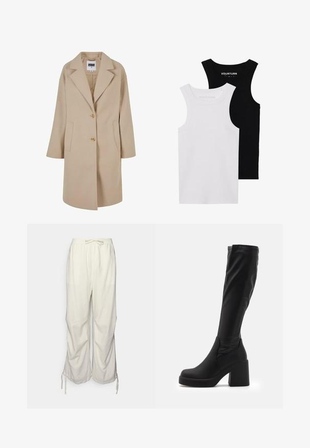 Cappotto in misto lana beige con colletto a revers, due bottoni, tasche laterali e vestibilità ampia. Presenta una finitura liscia e testurizzata.; Due magliette attillate in nero e bianco. Realizzate in cotone a coste, presentano spalline larghe e scollature arrotondate. Marchio sul colletto.; Pantaloni in misto lino di color bianco sporco con vita elastica, cordoncino e spacchi laterali all'orlo per una vestibilità regolabile.; Stivali neri fino al ginocchio realizzati in materiale sintetico liscio, con un tacco a blocco spesso e un design lineare con parte superiore elasticizzata.