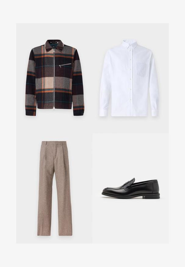 PS Paul Smith HARRINGTON JACKET - Giubbotto Bomber - multi coloured; Camicia bianca a maniche lunghe con bottoni, realizzata in cotone, caratterizzata da una tasca sul petto con ricamo tonale, colletto e polsini con bottoni.; Pantaloni marroni a vita alta realizzati in tessuto testurizzato. Presentano gambe ampie e due pieghe frontali per struttura. Rifinitura curata senza hardware visibile.; Mocassini neri in pelle con una texture liscia, punta arrotondata e una striscia decorativa sulla tomaia. Tacco basso impilato, design minimalista.