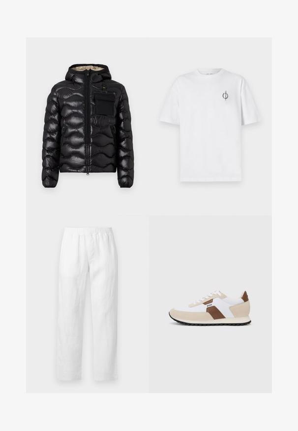 Sort puffjakke med hætte, quilted design, lynlås foran og en brystlomme. Har skinnende, struktureret stof med elastiske manchetter.; Hvid bomulds t-shirt med en afslappet pasform, der har et lille sort grafisk logo på venstre brystområde. Korte ærmer, rund halsstil.; Hvide linnedbukser med elastisk talje, lige ben og blød tekstur uden synlige mønstre eller hardware-detaljer.; Sneakers der har en kombination af hvid mesh og beige suede, med en brun læderdetalje. Rund tå, flad gummisål og snørebåndsdesign.