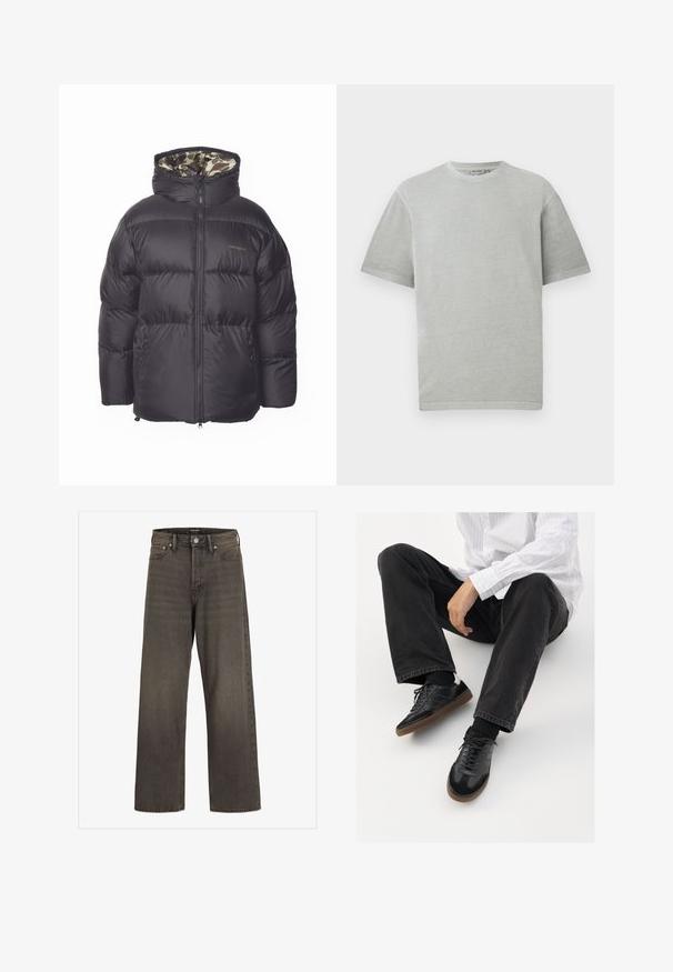 Schwarze Daunenjacke mit einem Reißverschluss auf der Vorderseite, großer Kapuze und Seitentaschen. Innenausstattung mit Camouflage-Muster. Hergestellt aus gestepptem, isoliertem Material.; Hellgrau T-Shirt mit kurzen Ärmeln und Rundhalsausschnitt, auf einem schlichten weißen Hintergrund präsentiert.; Weite Jeans aus dunkelgrauem Denim mit hoher Taille, klassischem Fünf-Taschen-Design und kontrastierendem Stepp entlang der Nähte.; Schwarze Sneakers mit einer glatten und strukturierten Oberfläche, ausgestattet mit einer Gummisohle und dunklen Schnürsenkeln. Kombiniert mit schwarzen Jeans und einem gestreiften weißen Hemd.