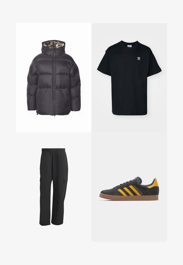 Sort puffjakke med lynlås foran, stor hætte og sidelommer. Indersiden har et camouflage mønster. Fremstillet af kviltet, isoleret materiale.; Sorte bomulds T-shirt med rund hals og korte ærmer, prydet med et lille hvidt Adidas-logo på venstre brystområde.; Sorte cargo bukser med elastisk talje, der har sidelommer, løs pasform og en tekstureret stof. Designet til komfort og funktionalitet.; Sort suedet sneaker med gule accenter, der har tre striber og en brun gummisål. Inkluderer en polstret tunge for komfort.
