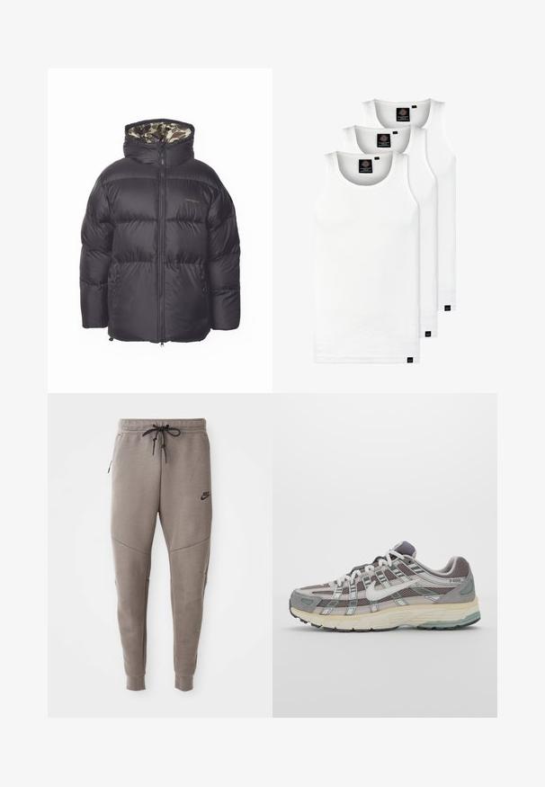 Sort puffjakke med lynlås foran, stor hætte og sidelommer. Indersiden har et camouflage mønster. Fremstillet af kviltet, isoleret materiale.; Tre hvide ribbede tanktops lavet af bomuld. Har en rund hals og små sorte mærker nær sømmen. Fås i flere størrelser.; Grå Nike joggingbukser med snoretræk i taljen, tapered ben, sidelommer og markante sømdetaljer. Blødt, struktureret stof.; Grå sportssko med overdel i mesh og ruskind, hvide accenter, en polstret sål og et særpræget design med reflekterende elementer.