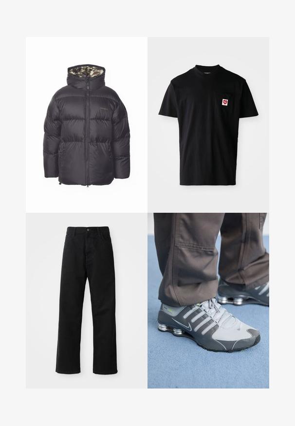 Sort puffjakke med lynlås foran, stor hætte og sidelommer. Indersiden har et camouflage mønster. Fremstillet af kviltet, isoleret materiale.; Sort bomulds t-shirt med rund halsudskæring, korte ærmer og en venstre brystlomme med et rødt hjertepude og hvid tekst.; Sorte denimbukser med lige snit, der har frontlommer, lynlås og en enkelt knap i toppen. Struktureret stof med en mat finish.; Grå og sølv Nike Shox sneakers har et slankt design med mesh og syntetiske materialer, en rund tå og en polstret krave.