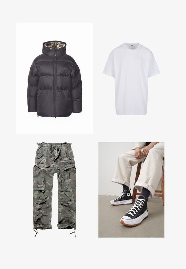 Zwarte pufferjack met een ritssluiting aan de voorkant, grote capuchon en zijzakken. Het interieur heeft een camouflagepatroon. Gemaakt van gequilt, geïsoleerd materiaal.; Witte katoenen t-shirt met korte mouwen, ronde hals, relaxte pasvorm en zonder zichtbare logo's of patronen. Gladde textuur en minimalistisch ontwerp.; Camo cargobroek in groen en grijs, met meerdere zakken, een elastische tailleband, verstelbare enkels en een relaxte pasvorm.; Zwarte hoge sneakers met witte veters en een rubberen teenkap. Dikke witte zool met een gestructureerde bruine loopzool, gedragen met marineblauwe gestreepte sokken.