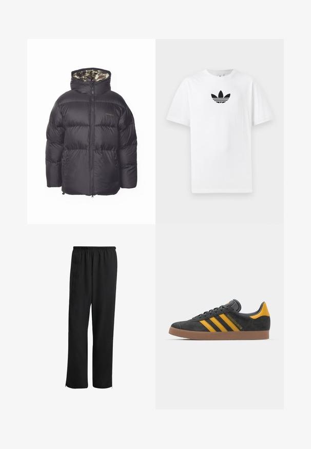 Zwarte pufferjack met een ritssluiting aan de voorkant, grote capuchon en zijzakken. Het interieur heeft een camouflagepatroon. Gemaakt van gequilt, geïsoleerd materiaal.; Witte katoenen T-shirt met een zwart Adidas-logo in het midden. Korte mouwen en een ronde hals. Gladde textuur.; Zwarte sportbroek met een elastische tailleband, recht model, zijzakken en met ritssluitingen aan de onderkant, gemaakt van een soepele, lichtgewicht stof.; Zwarte suède sneakers met gele accenten, voorzien van drie strepen en een bruine rubberen zool. Inclusief een gevoerde tong voor comfort.