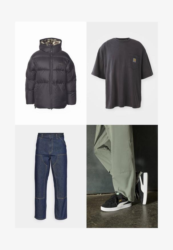 Černá péřová bunda se zipovým předním zapínáním, velkou kapucí a bočními kapsami. Vnitřek má maskovací vzor. Vyrobeno z prošívaného izolačního materiálu.; Černé bavlněné tričko s krátkým rukávem, kulatým výstřihem a kapsičkou na levé straně hrudi, na které je čtvercová nášivka s logem. Jednoduchý a nezdobený design.; Tmavě modré džíny s vysokým pasem, rovnými nohavicemi, kontrastním šitím a nášivkami na přední straně.; Černé semišové tenisky s bílými gumovými podrážkami a bočními pruhy, spárované se světle zelenými cargo kalhotami, stojící na texturovaném tmavém povrchu.