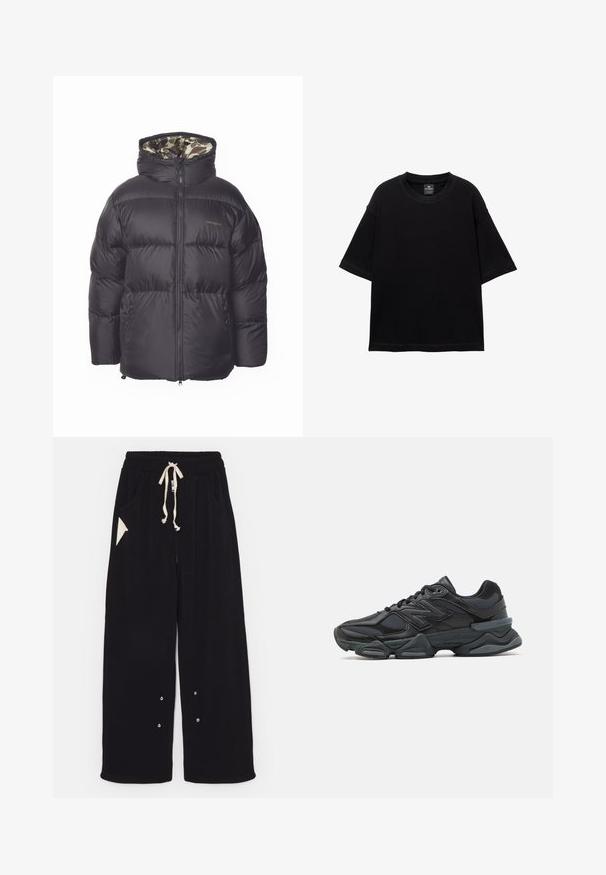 Fekete puff kabát cipzáros elejével, nagy kapucnival és oldalsó zsebekkel. Belső része álcázó mintázatú. Steppelt, szigetelt anyagból készült.; Fekete, rövid ujjú pamut póló, kerek nyakú és laza szabású. Simaság jellemzi, minimális varrási részletekkel.; Fekete, bő szárú nadrág puha anyagból, húzózsinórral a deréknál, oldalsó zsebekkel és háromszög alakú díszítőzsebbel. Ezüst hardware részletek.; Fekete futócipő, mely háló és szintetikus anyagok keverékéből készült, vastag talppal, ívelt kialakítással és hangsúlyos logóval az oldalon.