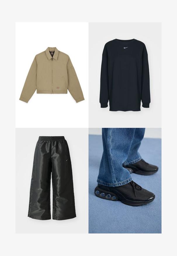 Khaki bomberska jakna z zadrgo spredaj, s koničastim ovratnikom, stranskimi žepi in žepom na levi rokavu; izdelana iz trpežnega bombažnega blaga.; Črna dolgotrajna majica z dolgimi rokavi iz bombaža z okruglim izrezom. Ima bel Nike logo na prsih. Mehek material, preprost dizajn.; Črne atletske hlače iz sijočega, gladkega blaga, z elastiko v pasu, širokimi nogami in majhnim logotipom na levi strani.; Črne športne superge z mrežastim zgornjim delom, teksturiranimi poudarki in vidnimi zračnimi blazinicami v podplatu. Obute z modrimi kavbojkami.