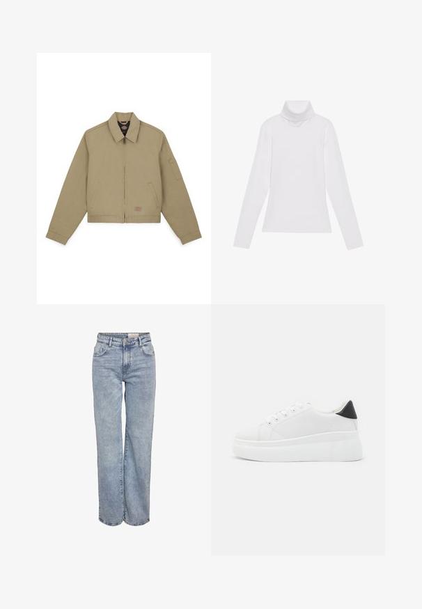 Kaki bomberjakke med glidelås foran, spiss krage, sidelommer og lomme på venstre erme; laget av slitesterkt bomullsstoff.; Hvit langermet høyhalset topp laget av glatt, elastisk stoff. Har høy krage og tettsittende design, uten synlige mønstre eller dekorasjoner.; Lys blå vide jeans laget av denim, med høy midje, fem-lommers design og subtile falminger for et slitt utseende.; Hvite plattform sneakers laget av glatt syntetisk materiale, med rund tå, snøring og en strukturert gummisåle. Svart hæl akcent.