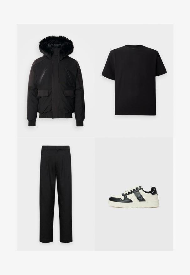 Must tõmbluku ja faux karusnahast kapuutsiga must isoleeritud jakk, millel on rinnataskud tõmblukuga ja küljel klapiga taskud. Omab elastseid mansette ja allääri, et tagada tihe istuvus.; Must have lühikeste varrukatega must T-särk, mis on valmistatud tekstuursetest materjalidest, ümmarguse kaelusega ja lõdva lõikega. Lihtne, ilma mustrite või aktsentideta.; Mustad mustadest riietest, millel on sirge jalgade disain, kaks eesmist voltimist ja tavaline vöökoht, millel on vöökohad.; Nahatud nahkkingad musta ja kreemi värviskeemiga, millel on perforeeritud aktsendid, pehme krae ja tekstureeritud tallad.