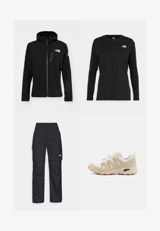 Czarna kurtka softshell z kapturem, teksturowany materiał, zamek błyskawiczny z przodu oraz zapinana kieszeń na piersi. Zawiera akcenty z logo na piersi i rękawie.; Czarna koszulka z długim rękawem z bawełny z okrągłym dekoltem. Posiada niewielkie białe logo po lewej stronie na piersi. Prosty design i fason.; Czarne nylonowe spodnie cargo z odpinanymi nogawkami, regulowanymi mankietami, wieloma kieszeniami oraz logo na prawej nogawce. Gładka, lekka tekstura.; Beżowe i kremowe buty sportowe z teksturowanej siateczki, wspierającymi nakładkami oraz gumową podeszwą z wzorem bieżnika zapewniającym przyczepność.