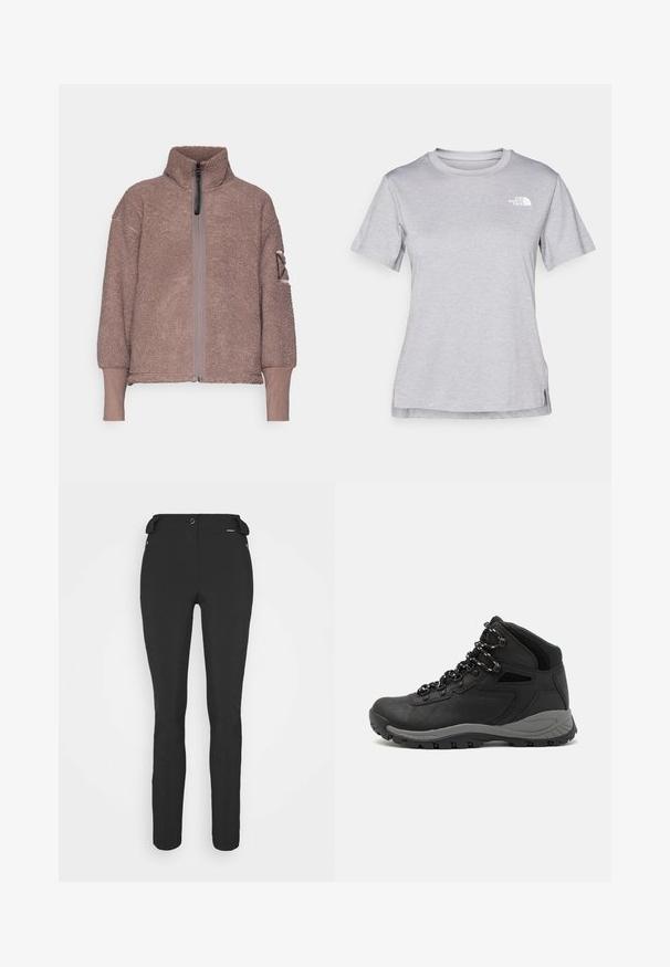 Didriksons MELLA - Fleecejacke - bark; Graues T-Shirt mit kurzen Ärmeln aus weichem, feuchtigkeitsableitendem Stoff. Hat einen Rundhalsausschnitt und ein kleines weißes Logo auf der oberen linken Seite.; Schwarze, enganliegende Hosen aus einem flexiblen Material. Zu den Merkmalen gehören eine seitliche Reißverschlusstasche, vorgeformte Knie und eine glatte Textur.; Schwarzer Wanderstiefel mit einem mittelhohen Design, ausgestattet mit einer strukturierten Oberfläche, grauen Akzenten und einer robusten Gummisohle mit Profilstollen.