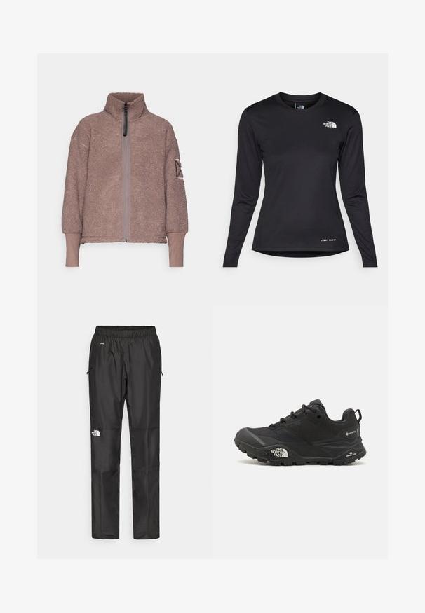 Didriksons MELLA - Fleece jacket - bark; The North Face SHADOW LONG SLEEVE - Long sleeved top - black; Black waterproof pants made from lightweight fabric, featuring an elastic waistband, side pockets, and a logo on the left leg.; Black hiking shoe with a textured upper, lace closure, and a chunky rubber sole featuring a prominent logo on the side and tread patterns.