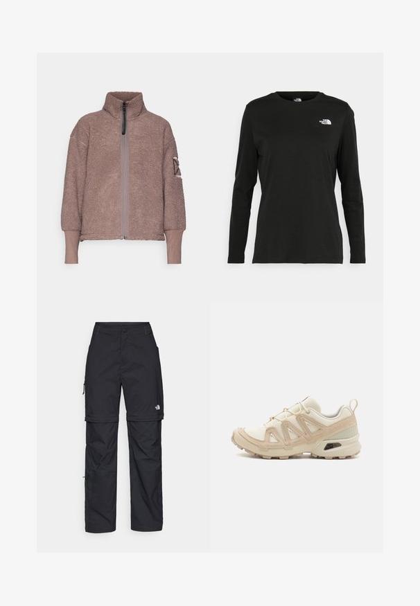 Didriksons MELLA - Fliisjakk - bark; Must mustahiheline T-särk, millel on pikad varrukad, valmistatud puuvillast ja ümarast kaelusest. Vasakul rinnal on väike valge logo. Lihtne disain ja sobivus.; Mustad nailonist valmistatud eemaldatavad cargo-püksid, reguleeritavate pahkluudega, mitmete taskutega ja paremal jalal logoga. Sile, kerge tekstuur.; Beež ja koobalti spordijalats tekstureeritud võrkkattega, toetavad ülemised kihid ja kummist tallaga, millel on mustriga joonistus haardeks.