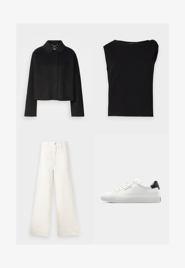 Black cropped coat with a collar, button closure, and long sleeves. Made of smooth fabric with minimal seams and no visible embellishments.; Black short-sleeve top made of smooth fabric. Features a round neckline and draped detail on the shoulder. Simple, fitted design.; Wide-leg trousers in light beige cotton. Features a high waist, front pockets, and a straight cut. Clean hem finishing without patterns.; White sneaker with a smooth finish, black heel accent, and lace-up design. Features "Calvin Klein" branding on the side. Minimalist style.