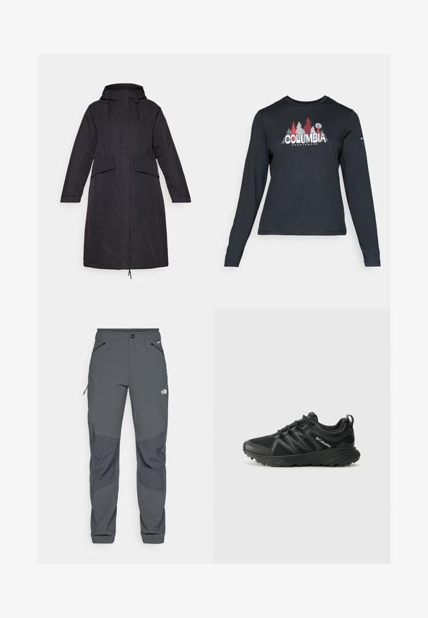 Μαύρο μακρύ παλτό με κουκούλα, μπροστινές τσέπες, κορδόνια στον λαιμό και στο τελείωμα, και απαλό υφή.; Μακρυμάνικο σκούρο γκρι πουκάμισο με γραφικό κόκκινων δέντρων και βουνών; το λογότυπο "COLUMBIA" σε έντονο λευκό κείμενο. Μαλακό ύφασμα, τυπικός στρογγυλός λαιμός.; Σκούρο γκρι παντελόνι εξωτερικής χρήσης με ενισχυμένα μπαλώματα στα γόνατα, φερμουάρ στις πλαϊνές και μπροστινές τσέπες, κλείσιμο με κουμπί και με το λογότυπο της The North Face στο μηρό.; Columbia PEAKFREAK - Παπούτσια πεζοπορίας - black