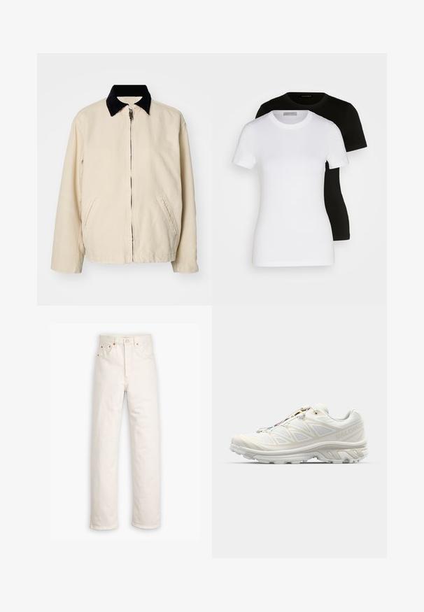 Weekday BELLE WASHED JACKET - Light jacket - dusty beige; Two short-sleeve T-shirts in black and white. Made of smooth cotton, featuring a classic round neckline and regular fit.; White denim jeans with a straight-leg design, five-pocket style, and copper hardware accents. Raw hem finish at the ankles.; White running shoe with a breathable mesh upper, textured accents, and a cushioned sole. Features a quick-lace system for easy fitting.