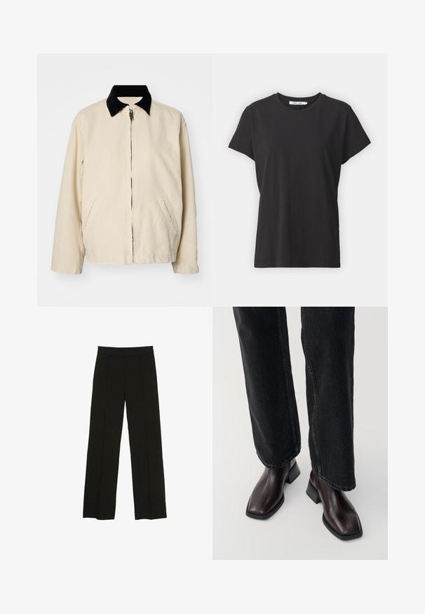 Weekday BELLE WASHED JACKET - Könnyű dzseki - dusty beige; Fekete pamut póló klasszikus kerek nyakkal, rövid ujjakkal és laza fazonnal. Simább textúra, látható minták vagy díszítések nélkül.; Fekete, bő szárú nadrág sima anyagból, melynek kényelmes derékrésze és diszkrét elülső redők adnak extra textúrát.; Barna bőr boka csizma négyzet alakú orral és tömbsarkal, fekete, bő szárú farmerral párosítva. Simább textúra és minimalista dizájn.