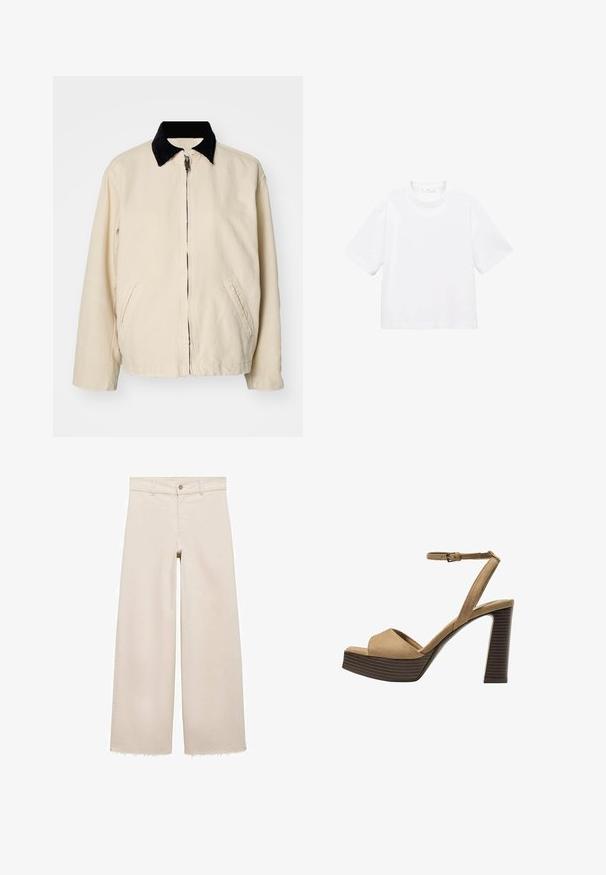 Weekday BELLE WASHED JACKET - Ľahká bunda - dusty beige; Biely bavlnený tričko s krátkym rukávom a okrúhlym výstrihom. Jednoduchý dizajn, voľný strih, hladká textúra. Žiadne vzory ani akcenty nie sú viditeľné.; Beige široké džínsy s vysokým pásom, s gombíkovým zapínaním, prednými vreckami a rozstrapkaným lemom. Vyrobené z denimu.; Bežové semišové sandále na vysokom opätku s širokým predným pásom a pásikom okolo členka, ktoré majú masívny drevený blokový opätok s textúrovaným povrchom.