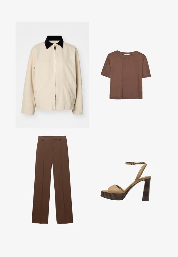 Weekday BELLE WASHED JACKET - Allvädersjacka - dusty beige; Brun kortärmad t-shirt i mjukt tyg, med rund halsringning och avslappnad passform. Inga synliga mönster eller detaljer.; Bruna, vida byxor i slätt tyg; har fodrade framfickor och en platt midja med bälteshällor.; Beiga suède högklackade sandaler med ett brett framrem och ankelsrem, med en kraftig träblockklack med en strukturerad yta.