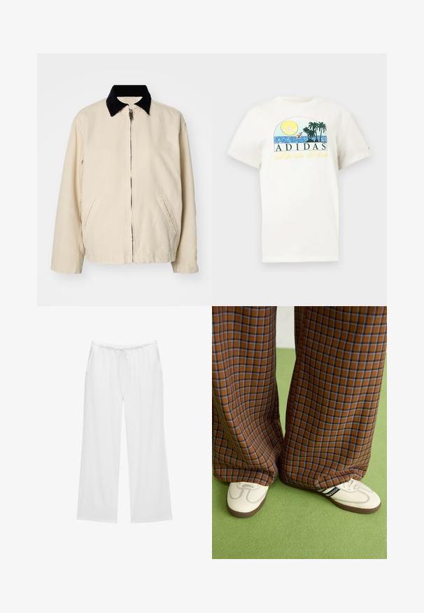 Weekday BELLE WASHED JACKET - Jas - dusty beige; Witte katoenen t-shirt met een grafisch ontwerp van een zon, palmbomen en water. "ADIDAS Sports Club" gedrukt in groen en geel.; Witte wijde broekspunten gemaakt van zachte stof, met een elastische tailleband en een koord, en twee zijzakken. Eenvoudig en strak ontwerp.; Bruine en blauwe geruite wijde broek, gecombineerd met witte schoenen met zwarte accenten en een gestructureerde zool, gezet tegen een groene achtergrond.