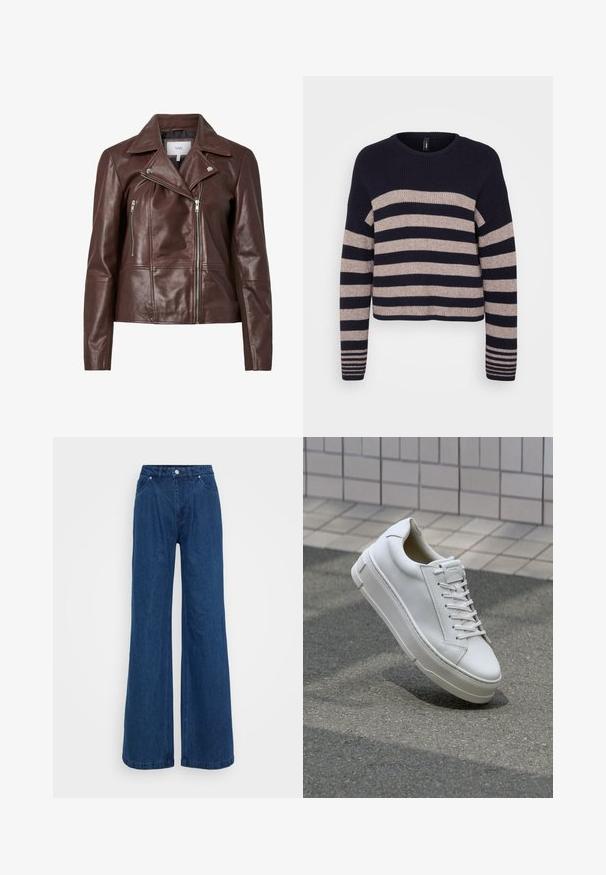 Rjava usnjena motoristična jakna z nazobčanim ovratnikom, dvema zadrgo zakritima sprednjima žepe in prilegom obliko. Gladka tekstura z minimalno kovinsko opremo.; Pulover v mornarsko modri in bež črtasti vzorec z ribastim teksturo, okroglim izrezom in spuščeno obliko ramena; vsebuje horizontalne in vertikalne črtne vzorce.; Široke modre jeans hlače z visokim pasom, sprednjim gumbom in zadrgo ter sprednjimi in zadnjimi žepi na enobarvni podlagi.; Beli usnjeni športni copat z nizkim dizajnom, ravnimi vezalkami, zaobljenim nosom in teksturiranimi stranicami. Debel gumijast podplat z diskretnimi poudarki.