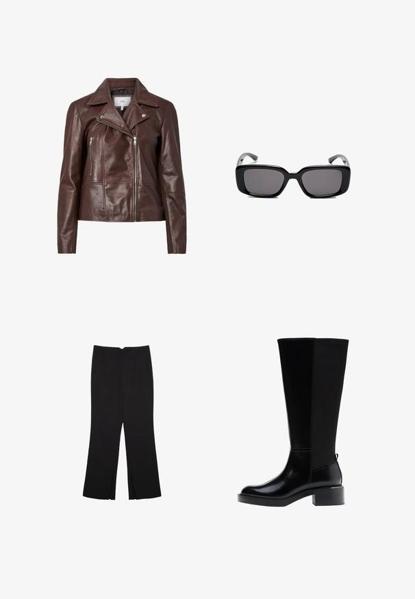 Smeđa kožna motoristička jakna s iščupanim ovratnikom, dva zatvorena prednja džepa i prilagođenim oblikom. Glatka tekstura s minimalnim metalnim dodacima.; Crna majica kratkih rukava od glatkog materijala; ima drapirani izrez i asimetrični donji rub, uz prilagođeni kroj tijela.; Crne hlače ravnog kroja, s prednjim džepovima i bočnim prorezima na rubu. Izrađene od mekog i glatkog materijala. Pogodne za razne prigode.; Crna čizma do koljena s glatkom kožnom završnom obradom, istaknutim šavovima, masivnom petom i teksturiranim stražnjim panelom za dodatni interes.; Crne pravokutne sunčane naočale s tamnim lećama, glatkim plastičnim okvirom i zakrivljenim državama. Dizajn je masivan s minimalističkom estetikom.
