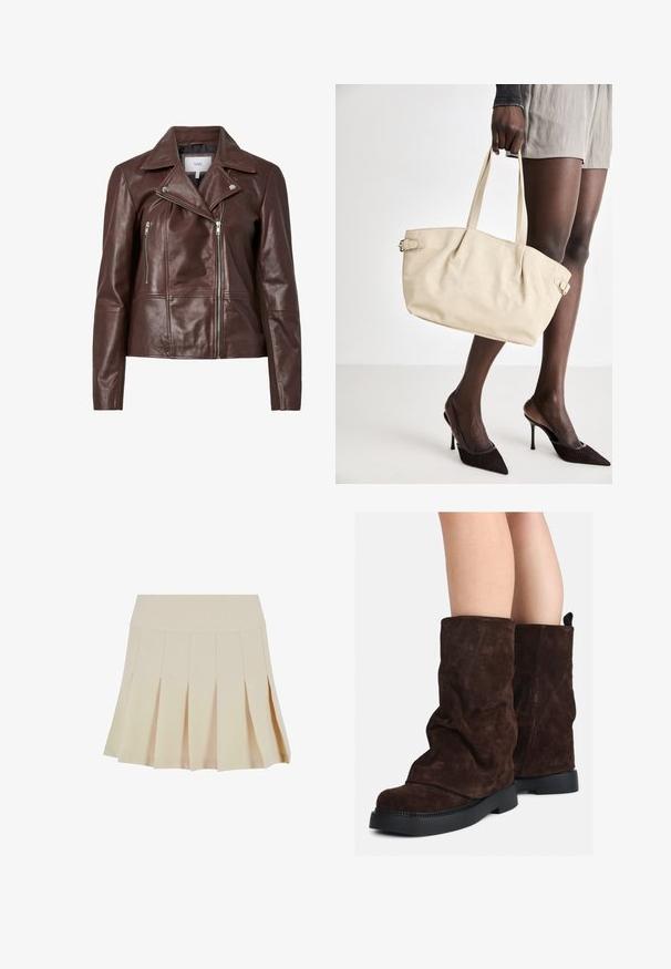 Brūna ādas motociklu jaka ar iecirtītu apkakli, divām rāvējslēdzēju kabatām priekšā un pieguļošu dizainu. Gluda tekstūra ar minimālu detaļu skaitu.; Kreklus, svītrainā blūze ar īsām piedurknēm, krēmkrāsā un tumši zilā tonī, ar apaļu apkakli un kvadrātveida dizainu, izgatavota no teksturētas auduma.; Bežs plīsums svārki ar pieguļošu jostu, izgatavoti no gludas auduma. Iespējas ietver vairākas vertikālas plīsuma līnijas un taisnu apakšmalu.; Brūni zamšādas puszābaki līdz teļiem ar melnām gumijas zālēm uz atklātām kājām, ar vieglu krokām uz zābaku kājām.; Bežs tote soma ar gludu ādas apdari, strukturētu formu, divām rokturiem un sānu sprādžu detaļām. Apvienota ar elegantiem melniem papēžiem.; Krēma krāsas pildīta galvassega ar uztinuma dizainu, apvienota ar bēša un baltā svītrainā krekla ar apaļu izgriezumu. Smalkas rotaslietas akcenti.