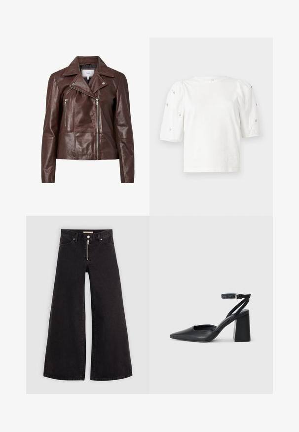 Brown leather motorcycle jacket with a notched collar, two zippered front pockets, and a fitted design. Smooth texture with minimal hardware.; White cotton t-shirt with short puff sleeves, featuring small silver embellishments along the sleeves. Classic round neckline, relaxed fit.; Wide-leg jeans in black denim with a zippered front, five-pocket design, and subtle stitching details. Smooth texture and casual style.; Black leather pointy-toe pump with an ankle strap and a chunky heel. Flat texture, sleek design, and minimalistic aesthetics.