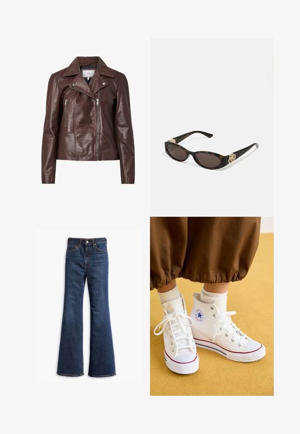 Barna bőr motoros dzseki, ívelt gallérral, két cipzáras elülső zsebbel és szűkített fazonnal. Sima textúra minimális hardverelemekkel.; Két hosszú ujjú felső. Az egyik fehér, a másik fekete, mindkettő könnyű pamutból készült, széles vízszintes nyakkivágással és slim fit szabással.; Magas derekú sötétkék farmernadrág, harang alakú lábakkal, elülső gombos és cipzáros zárással, valamint öt zsebes kialakítással.; Fehér magas szárú vászon sportcipők, gumitalppal, ezüst fűzőlyukakkal, piros és kék díszítéssel, valamint kör alakú logóval a bokán.; Tortából készült napszemüveg, hosszúkás ovális lencsékkel, barna színű árnyalattal, arany logóval a fülkagylón, és karcsú fekete szárakkal.; The North Face PACK UNISEX - Övtáska - black/asphalt grey