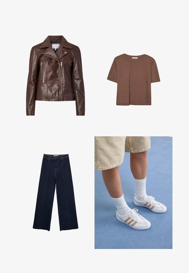 Rjava usnjena motoristična jakna z nazobčanim ovratnikom, dvema zadrgo zakritima sprednjima žepe in prilegom obliko. Gladka tekstura z minimalno kovinsko opremo.; Rjava kratka majica s kratkimi rokavi iz mehkega materiala, s krožnim izrezom in ohlapnim krojem. Brez vidnih vzorcev ali dodatkov.; Široke temno jeans hlače z kontrastnim šivanjem, visok pas in ravno krojenje. Imajo sprednje žepe in klasično zapiranje s gumbom.; Bele teniske s tremi zlatimi črtami, zavezane, z gumijastim podplatom, nosene z rebrastimi belimi nogavicami in bež kratkimi hlačami na modri površini.