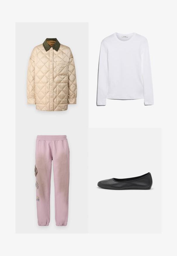 MAX&Co. LORIANA - Välikausitakki - beige/brown; Pitkähihainen valkoinen T-paita, joka on valmistettu ribbitetystä puuvillasta, ja siinä on pyöreä kaula-aukko sekä suora helma. Yksinkertainen muotoilu ilman kuvioita tai yksityiskohtia.; Vaaleanpunaiset hikoiluhousut, joissa on joustava vyötärö, ja vasemmalla puolella koristeellisia timantinmuotoisia alueita, sekä joustavat hihnat nilkoissa.; Musta nahkainen ballerina, jossa on pyöristetty kärki, sileä pinta, minimaalinen ommelkoristelu ja joustava pohjamuotoilu.