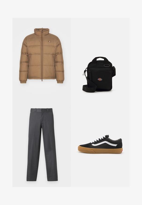 Brown puffer jacket with a high collar, zip front, and elasticized cuffs. Features horizontal quilted sections and a small logo on the chest.; Light gray sweatshirt made of soft fabric, featuring a crew neck, long sleeves, and ribbed cuffs and hem. Minimalist design with no patterns.; Gray trousers made of smooth fabric, featuring a straight-leg design, button closure, and belt loops; minimal seams and no patterns.; Black suede sneakers with white side stripe, white laces, and gum rubber sole. Classic low-top design with textured accents and rounded toe.; Black crossbody bag with a zippered pocket, rectangular shape, made of fabric, featuring a logo patch on the front, adjustable shoulder strap.