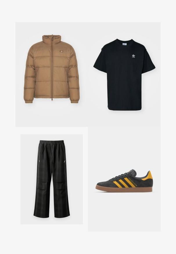 Brūns pūkains jaku ar augstu apkakli, ar rāvējslēdzēju priekšā un elastīgām aprocēm. Iekļauj horizontālas pāršūtas sadaļas un mazu logotipu uz krūtīm.; Melnā kokvilnas T-kreklā ar apaļu kakla izgriezumu un īsām piedurknēm, kurā ir neliela balta Adidas logo kreisajā krūtīs.; Melnas kvadrātveida bikses ar elastīgu jostu, divām priekšējām kabatām un brīvu piegriezumu ar taisnām kājām. Izgatavotas no viegla materiāla.; Melnas zamšādas kedas ar dzelteniem akcentiem, kurām ir trīs svītras un brūna gumijas zole. Iekļauta mīksta valkāšanas tongue komfortam.
