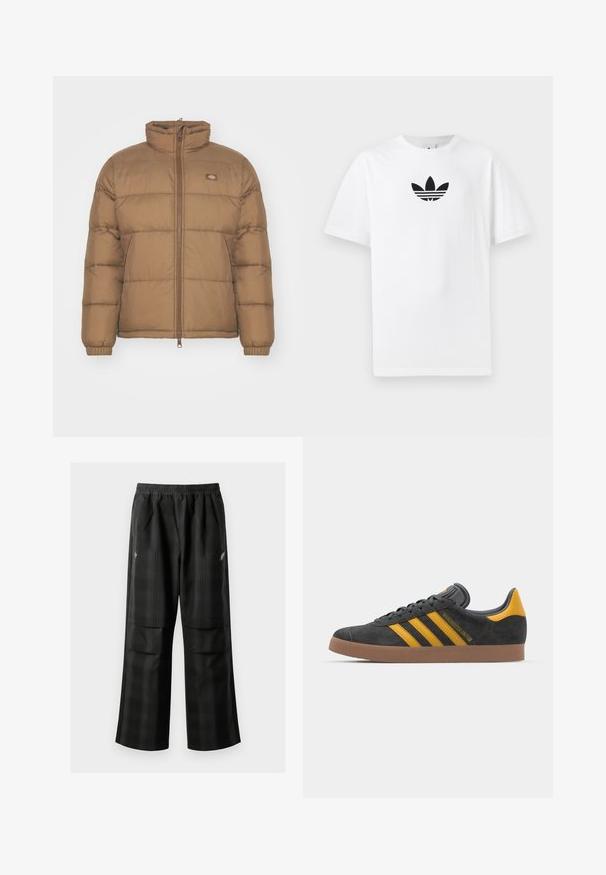 Barna puffjacke magas gallérral, cipzáros elülső résszel és rugalmas mandzsettákkal. Vízszintes steppelt részekkel rendelkezik, és egy kis logó található a mellrészen.; Fehér pamut póló, középen fekete Adidas logóval. Rövid ujjú és kerek nyakú kialakítással. Sima textúra.; Fekete kockás nadrág, rugalmas derékkal, két elülső zsebbel és laza, egyenes szárú fazonnal. Könnyű anyagból készült.; Fekete velúrbőr sportcipő sárga díszítéssel, három csíkkal és barna gumitalppal. Párnázott nyelvével a kényelem érdekében.