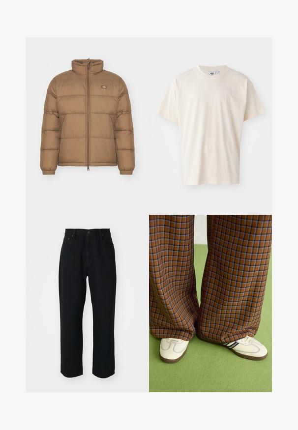 Brown puffer jacket with a high collar, zip front, and elasticized cuffs. Features horizontal quilted sections and a small logo on the chest.; Cream cotton t-shirt with a round neckline and short sleeves; features a small, light-colored logo on the chest.; Black denim jeans featuring a straight cut, lightweight texture, five-pocket design, and a button closure at the waist.; Brown and blue plaid wide-leg trousers paired with white shoes featuring black accents and textured soles, set against a green background.