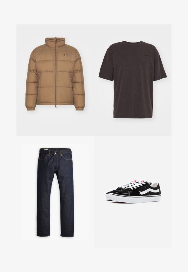 Brun pufferjakke med høj krave, lynlås foran og elastiske manchetter. Har vandrette quiltede sektioner og et lille logo på brystet.; Mørkegrå bomulds t-shirt med rund hals, kortærmede og en logo detalje på øverste venstre side. Blød tekstur med en afslappet pasform.; Mørkeblå denimjeans med lige ben, orange syninger og fem lomme-design med metalspænde.; Sorte ruskinds sneakers med hvide snørebånd, der har en fremtrædende hvid side-stribe og sort gummisål, som fremhæver kontrastsyninger.