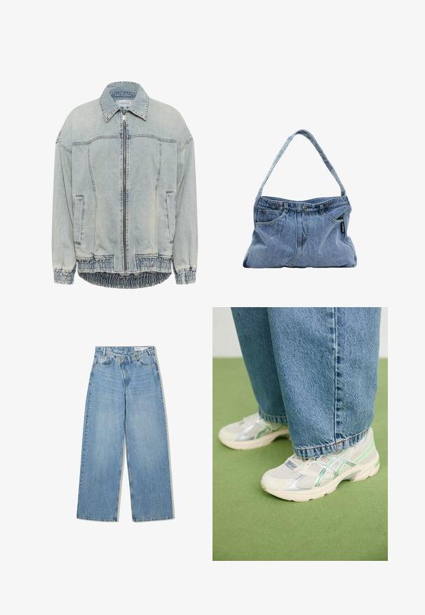 Jasnoniebieska kurtka dżinsowa z zamkiem z przodu, z wywiniętym kołnierzem i prążkowanym elastycznym dołem. Posiada dwie boczne kieszenie i kontrastowe przeszycia.; PULL&BEAR - Top; Jasnoniebieskie dżinsy w szerokim kroju, wykonane z denimu, z podwyższonym stanem, pięcioma kieszeniami, zapięciem na guzik i subtelnym wyblaknięciem dla uzyskania tekstury.; Białe i srebrne siatkowe sneakersy z zielonymi akcentami noszone z luźnymi niebieskimi dżinsami, stojące na zielonym dywanowym podłożu.; Denimowa torba na ramię z zakrzywionym paskiem, dwoma przednimi kieszeniami i zapięciem na guziki, wykonana z jasnoniebieskiego materiału z kontrastującymi detalami szycia.; Srebrne kolczyki w formie kółek o gładkim, polerowanym wykończeniu. O okrągłym kształcie i pewnym zapięciu na klik. Lekka konstrukcja odpowiednia do codziennego noszenia.