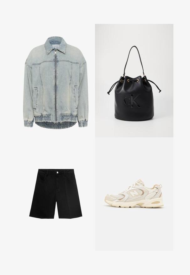 Lichtblauwe denimjas met een rits aan de voorkant, puntige kraag en geribbeld elastisch zoom. Bevat twee zijzakken en contrasterende stiksels.; Witte cropped t-shirt gemaakt van ribgebreide stof. Heeft een ronde halslijn en korte mouwen. Zwart geborduurd "cK" logo op de borst.; Zwarte denim shorts met een rechte snit, vijf zakken en een zilveren knoopsluiting. Gladde textuur met minimale stikseldetails.; Beige sport schoenen met gaas- en synthetische overlays, voorzien van een textuur, een gevoerde kraag en "ABZORB" demping bij de hiel.; Zwarte leren emmer tas met trekkoord sluiting, voorzien van een glanzend "CK" logo aan de voorkant en gouden hardware accenten.