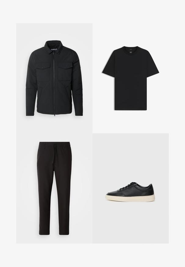Black padded jacket with a collared neck, front zip closure, two chest pockets, and side pockets; smooth texture, minimalist design.; Black short-sleeve T-shirt made from a smooth cotton blend, featuring a crew neckline and a minimalistic design with no patterns or accents.; Black jogger pants made of smooth fabric. Feature an elastic waistband with a drawstring, tapered legs, and no visible pockets. Simple design.; Black low-top leather sneaker with black laces and off-white sole shown in side profile on white background.