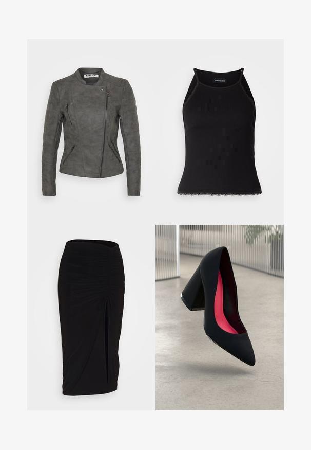 Pilkos sviesto odos motociklininko striukė su pritaikytu siluetu, asimetriška užtrauktuku ir keliais užtrauktukais su kišenėmis laikymo reikmėms.; Juodas raštuotas marškinėlis be rankovių su banginiu nėriniu apdaila apatine dalimi. Savybės: plonos petnešos ir prigludusi forma. Pagaminta iš tamprios medžiagos.; Juoda, raukšlėta pieštuko sijonas su raišteliu ir šoniniu įpjovimu. Pagamintas iš elastingos medžiagos, pasižymi lygiu paviršiumi ir prigludusia forma.; Juodas aukštakulnis batai su smailiu pirštu, su tekstūruota paviršiumi ir ryškiai rožiniu vidumi. Su tiek dideliu kulnu, tiek sidabriniu akcentu.