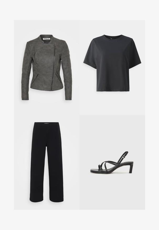 Grå mockajacka i motorcykelstil med en figurnära siluett, sneddragkedja och flera fickor med dragkedjor för förvaringsdetaljer.; Svart bomullströja, korta ärmar, rund hals, avslappnad passform, slät textur, enkel design, inga mönster eller detaljer.; Svarta vida byxor med elastisk midja. Tillverkade av ett strukturerat material, med en lös passform och rak skärning från höfter till fåll.; Svart sandaler med remmar och fyrkantig tå samt låg blockklack. Har flera tunna remmar och en justerbar ankelrem. Tillverkad av mjukt läder.
