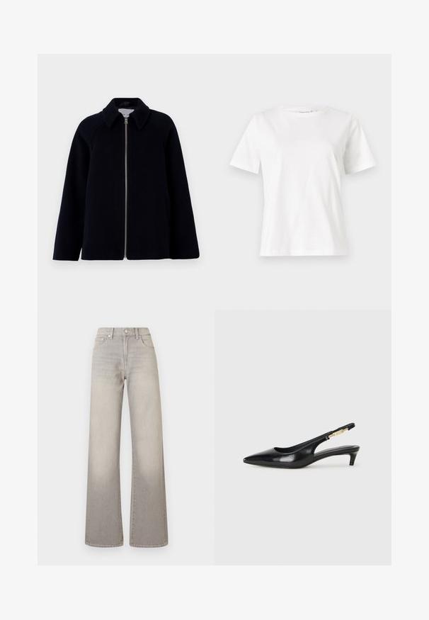 Samsøe Samsøe ALMA granatowy; Biała bawełniana koszulka z krótkim rękawem, okrągłym dekoltem i luźnym krojem. Gładka tekstura, brak wzorów lub dodatków, minimalistyczny design.; Szare dżinsy o szerokich nogawkach z wyblakłym wykończeniem, zapięcie na guzik, pięć kieszeni oraz przeszycia wzdłuż szwów.; Czarne skórzane szpilki typu slingback z ostrym noskiem, posiadające smukły obcas i złoty akcent na regulowanym pasku. Gładka tekstura.