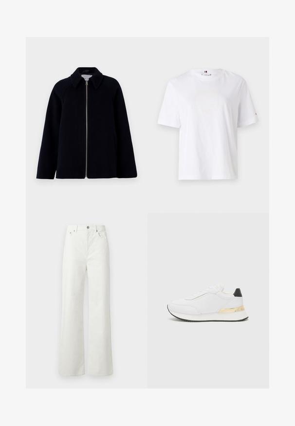 Samsøe Samsøe ALMA JACKET - Krátky kabát - salute; Biely bavlnený tričko s okrúhlym výstrihom, krátkymi rukávmi a jemným žltým logom s nápisom "HILFIGER NEW YORK 1985." Štandardný strih.; Samsøe Samsøe SHELLY - Džínsy voľného strihu - clear cream; Biele tenisky s hladkým povrchom, s čiernym akcentom na päte a zlatým kovovým detailom na medzipodrážke. Šnurovací dizajn, gumová podrážka.